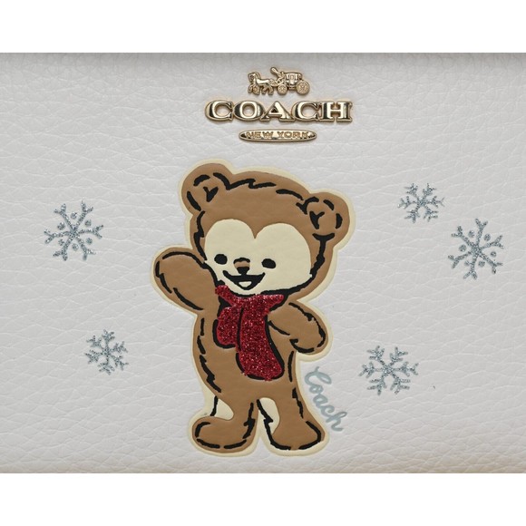 COACH Boxed Snowflake Bear Corner Zip Wristlet Chalk Leather CE891 NWT $148 - Picture 4 of 8